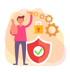 Man character holding key. Network security personal data protection concept. Vector flat cartoon design graphic isolated illustration