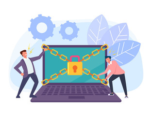 Hackers man characters trying to hack privacy laptop pc personal data information. Data protection online login password concept. Vector flat cartoon graphic design isolated illustration © PrettyVectors
