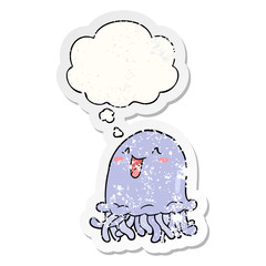 cartoon jellyfish and thought bubble as a distressed worn sticker