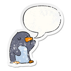 cartoon penguin and speech bubble distressed sticker