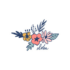 Obraz premium Summer set with hand drawn flowers and tropical leaves. Aloha lettering text. Good for web, posters, invitations. Vector illustration.