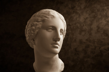 Gypsum copy of ancient statue Venus head on a dark textured background. Plaster sculpture woman face. © Ded Pixto