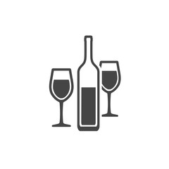 Wine bottle and two wineglasses contour icon isolated on white background. Vector illustration.