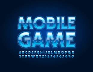 Vector modern template Mobile Game with  Uppercase Font. Blue glowing Alphabet Letters and Numbers