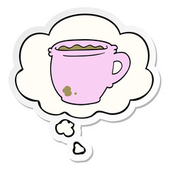 cartoon hot cup of coffee and thought bubble as a printed sticker
