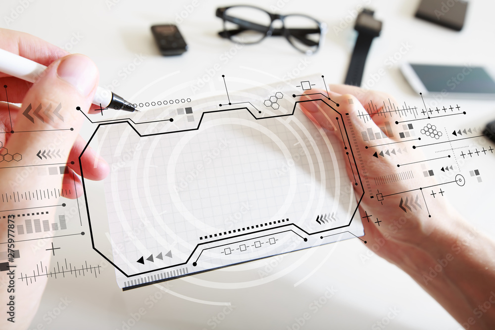Poster technology screen with man writing in a notebook