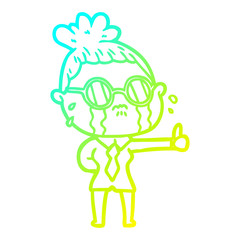 cold gradient line drawing cartoon crying woman wearing spectacles
