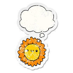 cartoon flower and thought bubble as a distressed worn sticker