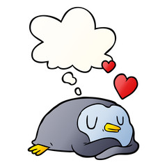 cartoon penguin in love and thought bubble in smooth gradient style