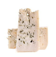 Blue cheese isolated on white background. Fresh cheese with blue mold. Clipping path.