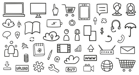 Hand drawn elements. Abstract social media objects on white. Different technological signs. Black and white illustration