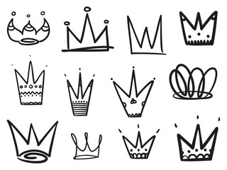 Collection of crowns on white. Hand drawn simple objects. Line art. Black and white illustration. Elements for design