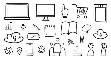 Set of hand drawn elements. Abstract social media objects on white. Different technological signs. Black and white illustration