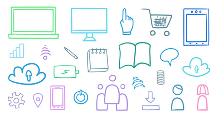 Set of hand drawn technology elements. Abstract social media objects on white. Different technological signs. Colorful illustration