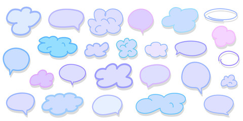 Set of hand drawn colored think and talk speech bubbles on white. Abstract clouds on isolation background. Sketchy doodles