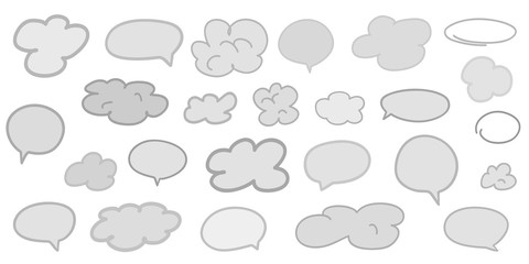 Hand drawn infographic elements on isolation background. Abstract clouds. Set of think and talk speech bubbles. Doodles on white. Black and white illustration
