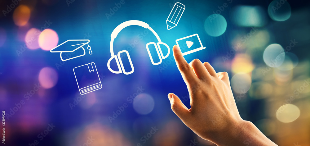 Poster e-learning concept with hand pressing a button on a technology screen