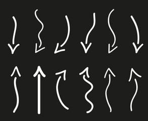 Infographic elements on isolated black background. Hand drawn wavy arrows. Line art. Set of different pointers. Abstract indicators. Black and white illustration