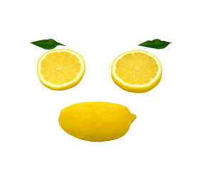 decoration smile face slice lemonade lime with green leaf isolated white background with clipping path