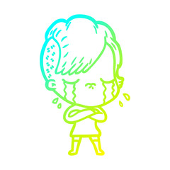 cold gradient line drawing cartoon crying girl