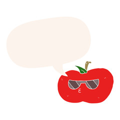 cartoon cool apple and speech bubble in retro style