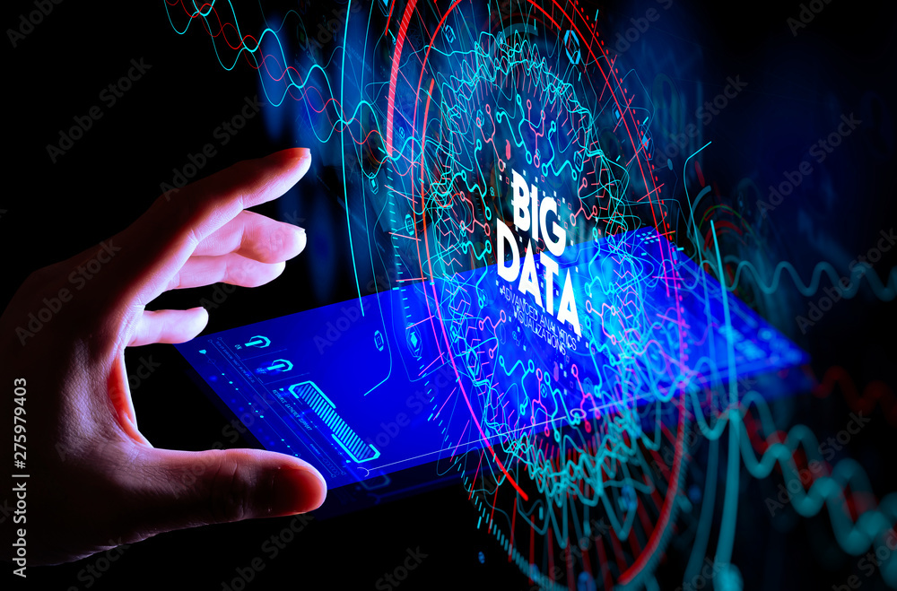 Poster Big data in HUD and icon ui with hand selecting and pressing Big Data symbol and smart phone interface.