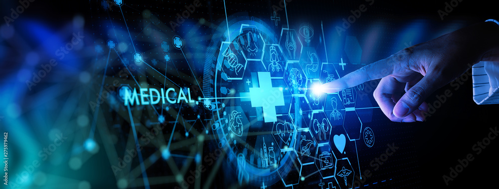 Aufkleber medicine doctor hand with stethoscope working with icon medical treatment on virtual screen interfac
