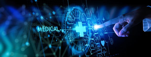 Medicine doctor hand with stethoscope working with icon medical treatment on virtual screen...