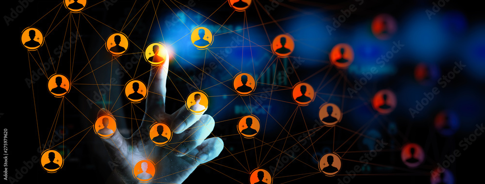 Fototapete Business hand working global structure networking and data exchanges customer connection with new computer Ui.