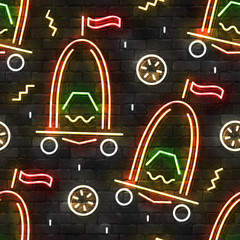 Vector realistic isolated neon sign of Ratha Yatra on a wall seamless pattern for template website decoration and wallpaper covering. Concept of Happy Jagannath Festival.