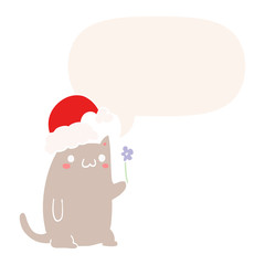 cute cartoon christmas cat and speech bubble in retro style