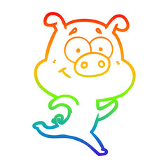 rainbow gradient line drawing happy cartoon pig running