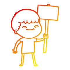 warm gradient line drawing cartoon smiling boy with placard