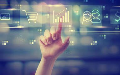 Marketing concept with hand pressing a button at night