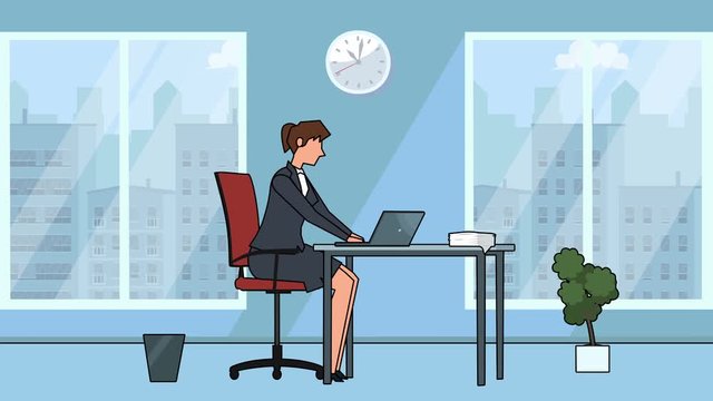 Flat cartoon businesswoman character  bad angry workplace near laptop office animation