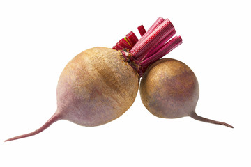 Two fresh red beetroot isolated on white background