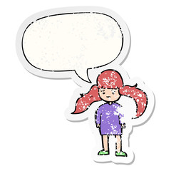 cartoon girl and long hair and speech bubble distressed sticker