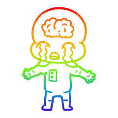 rainbow gradient line drawing cartoon big brain alien crying