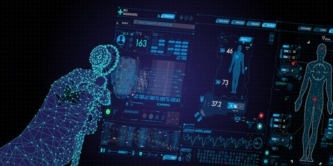 Fototapeta premium Medicine doctor and stethoscope in hand touching Ui and icon future of medical technology.