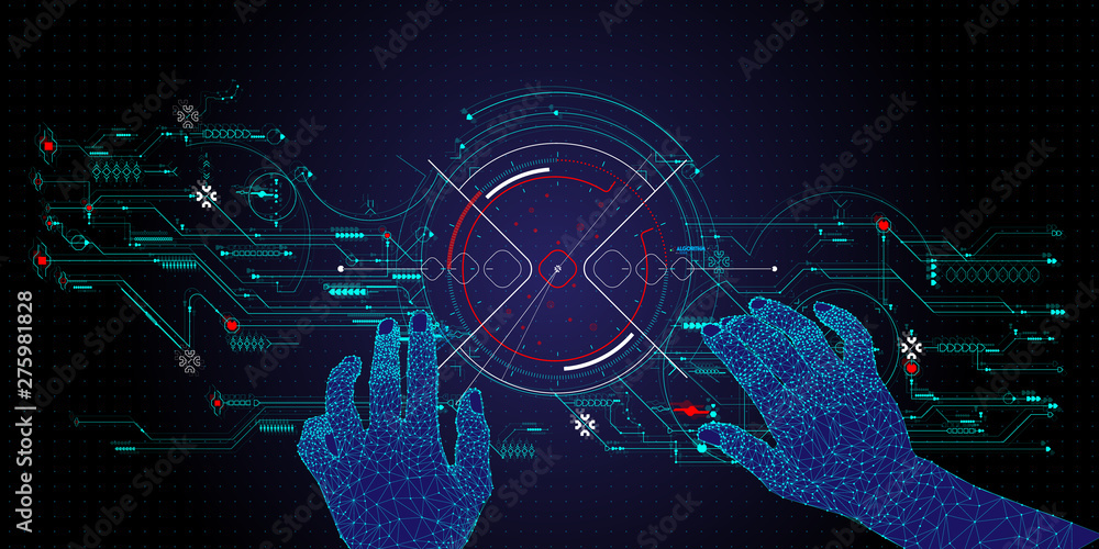 Poster Hand touching the future User Interface technology and the future of user experience.