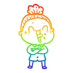 rainbow gradient line drawing cartoon happy old woman