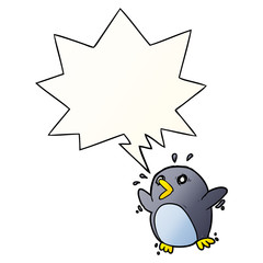 cartoon frightened penguin and speech bubble in smooth gradient style
