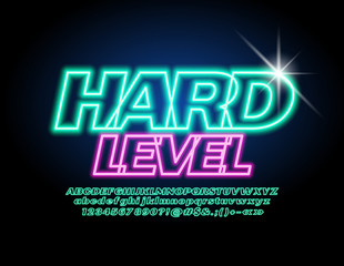 Vector bright sign Hard Level. Glowing neon Font. Illuminated green Alphabet Letters, Numbers and Symbols