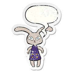 cute cartoon rabbit and speech bubble distressed sticker