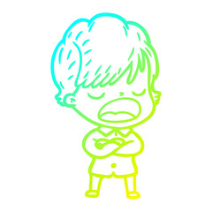 cold gradient line drawing cartoon woman talking