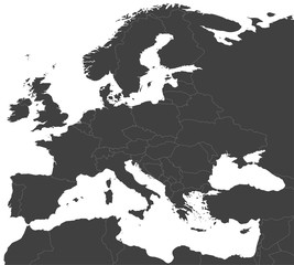 Map of Europe (with Russia) and north Africa split into individual countries.