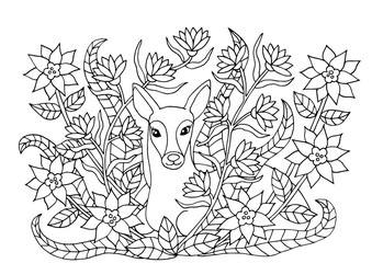 Coloring page with flowers and fawn