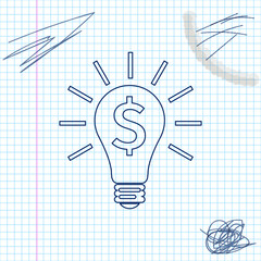 Light bulb with dollar symbol line sketch icon isolated on white background. Money making ideas. Fintech innovation concept. Vector Illustration