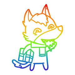 rainbow gradient line drawing cartoon hungry wolf holding christmas present
