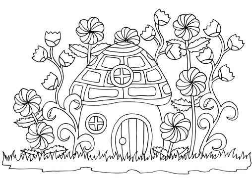 Coloring book page with a mushroom house in flowers